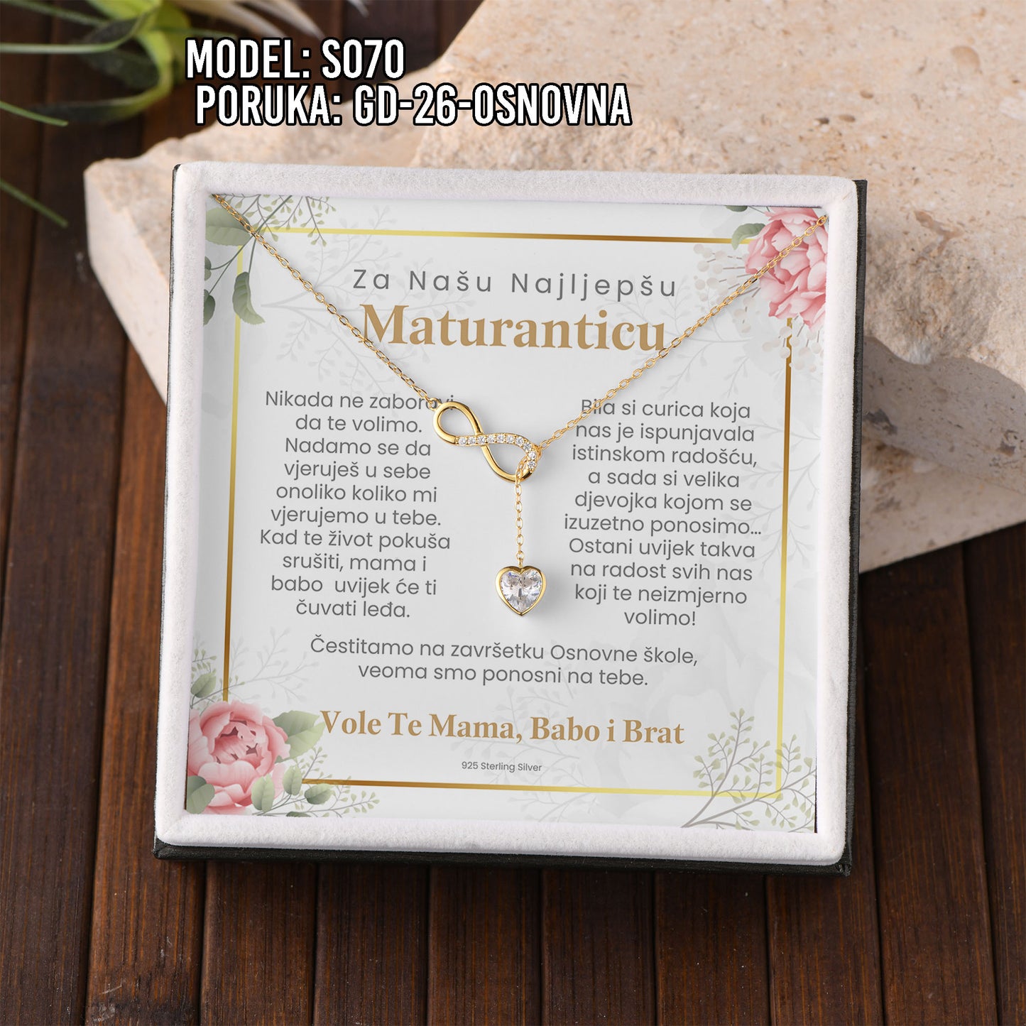 Maturski Poklon za Kćerku ili Sestru – 925 Srebro & 18k Pozlata s Emotivnom Porukom