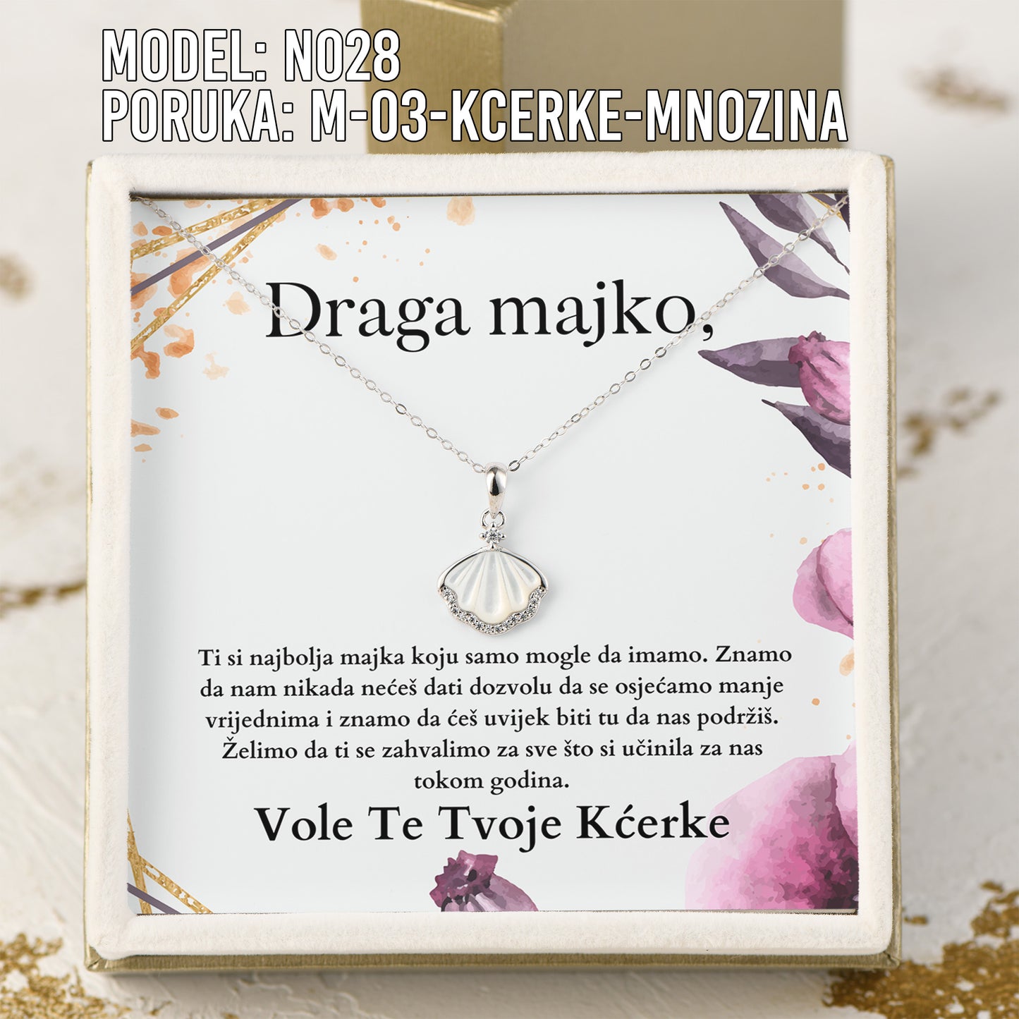 Draga Majko - 925 Srebreni Lančić Školja - Poklon za Majku sa Porukom od Kćerki