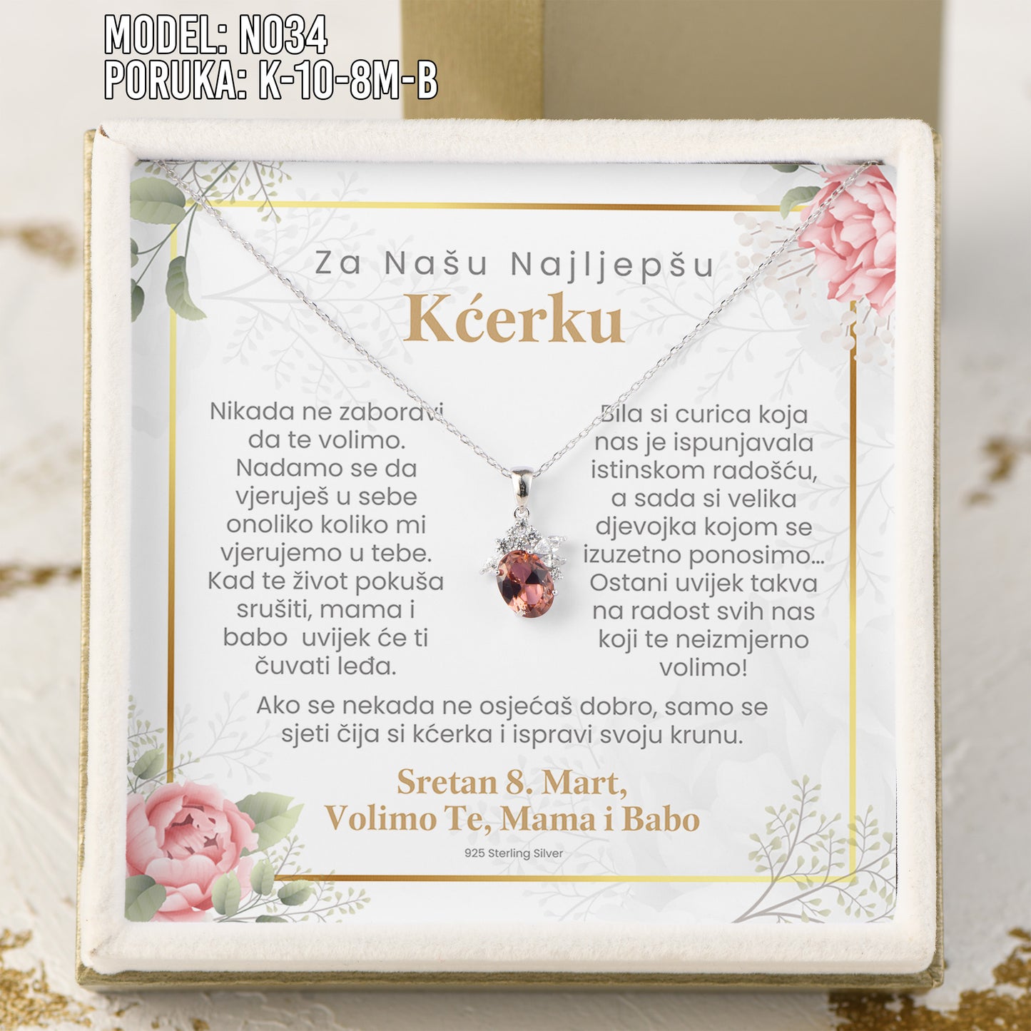 Za Našu Najlepšu Kćerku - 925 Srebreni Lančić Roze Cvet - Poklon za Kćerku za 8. Mart sa Porukom od Mame i Babe