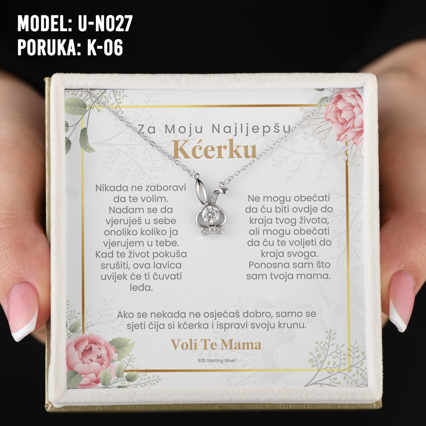Za Moju Najljepšu Kćerku - 925 Srebreni Lančić Bunny - Poklon za Kćerku sa Porukom od Mame