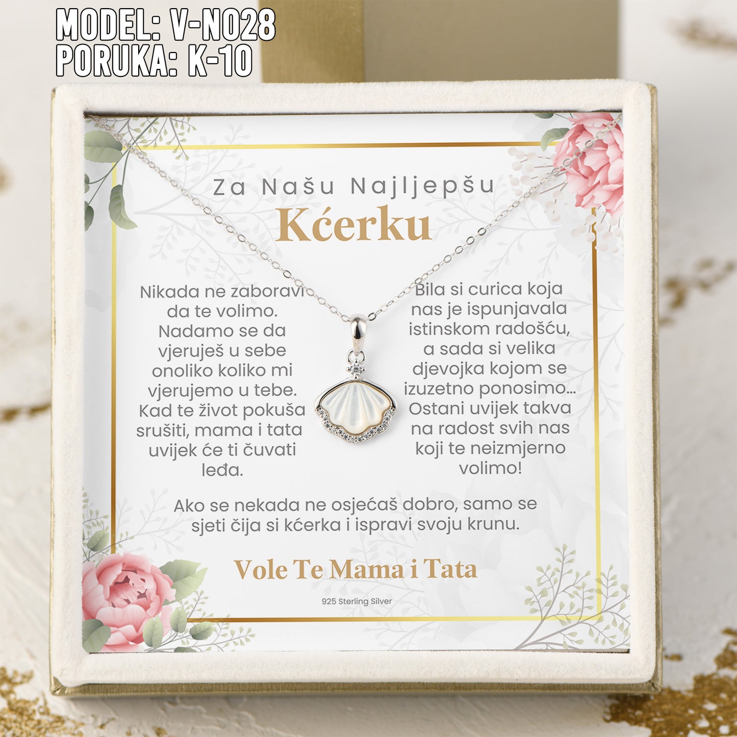 Za Našu Najljepšu Kćerku - 925 Srebreni Lančić Školjka - Poklon za Kćerku sa Porukom od Mame i Tate