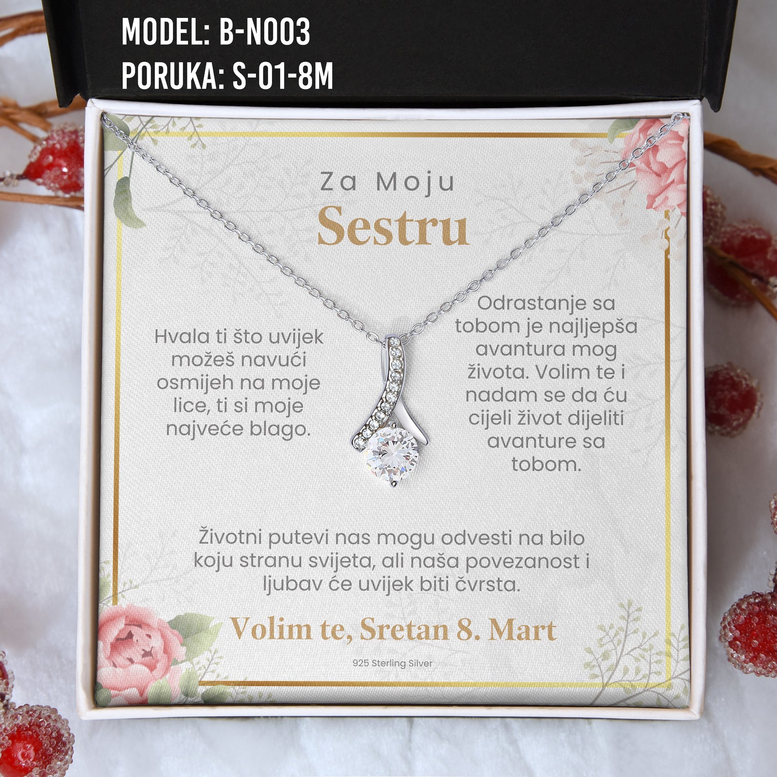 Poklon za Sestru - 925 Srebreni Lančić sa Emotivnom Posvetom