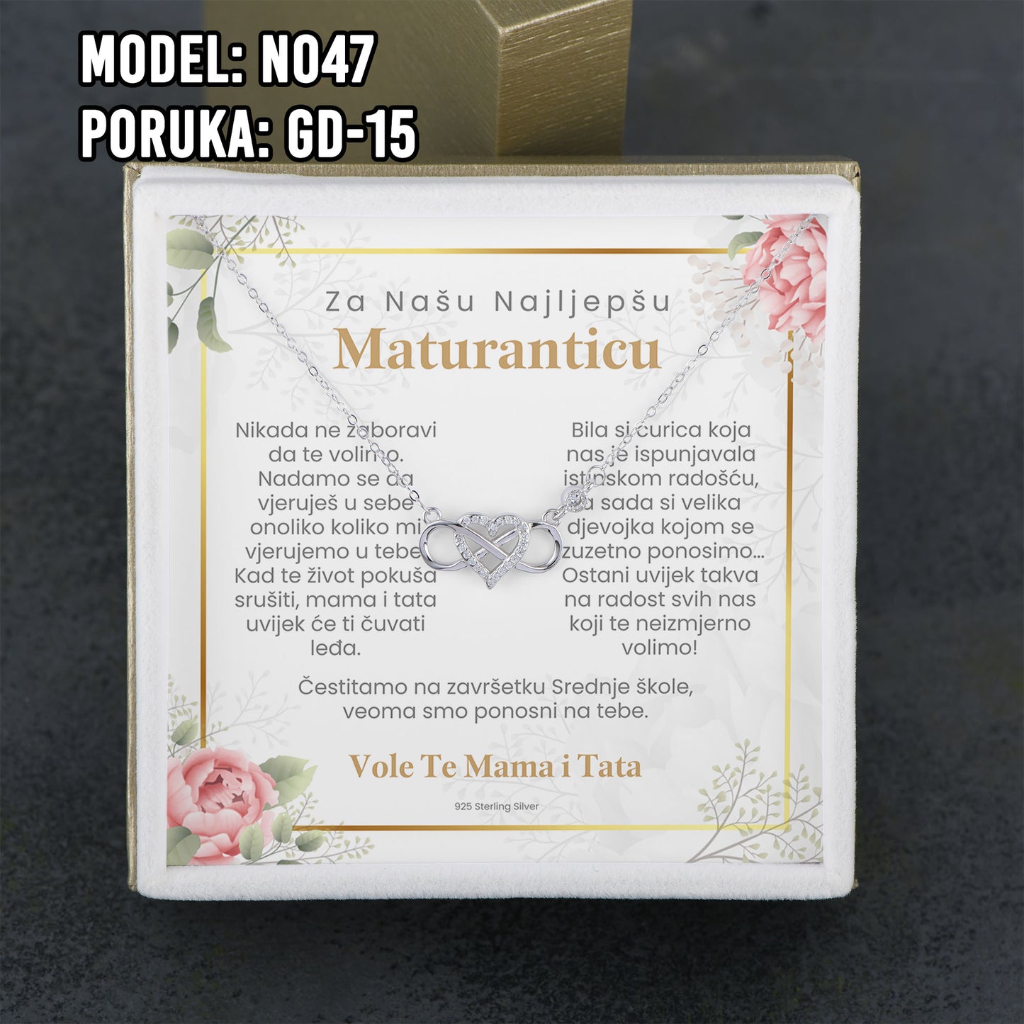 Maturski poklon za kćerku – infinity srce ogrlica od 925 srebra sa posvetom