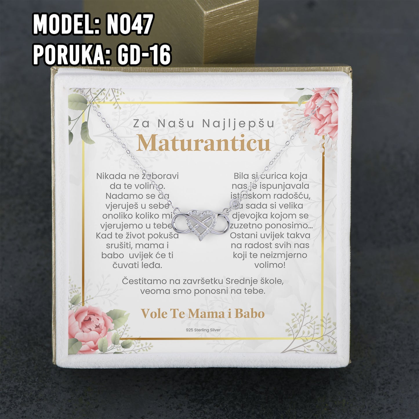 Maturski poklon za kćerku – infinity srce ogrlica od 925 srebra sa posvetom