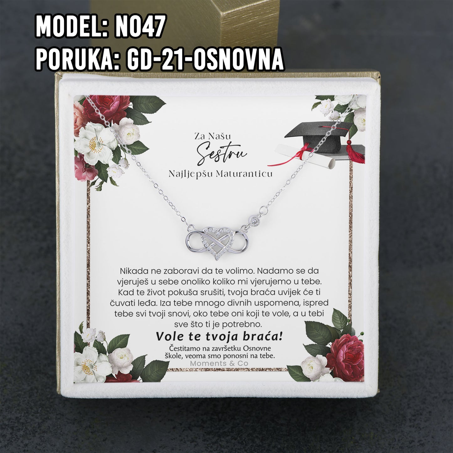 Maturski poklon za kćerku – infinity srce ogrlica od 925 srebra sa posvetom