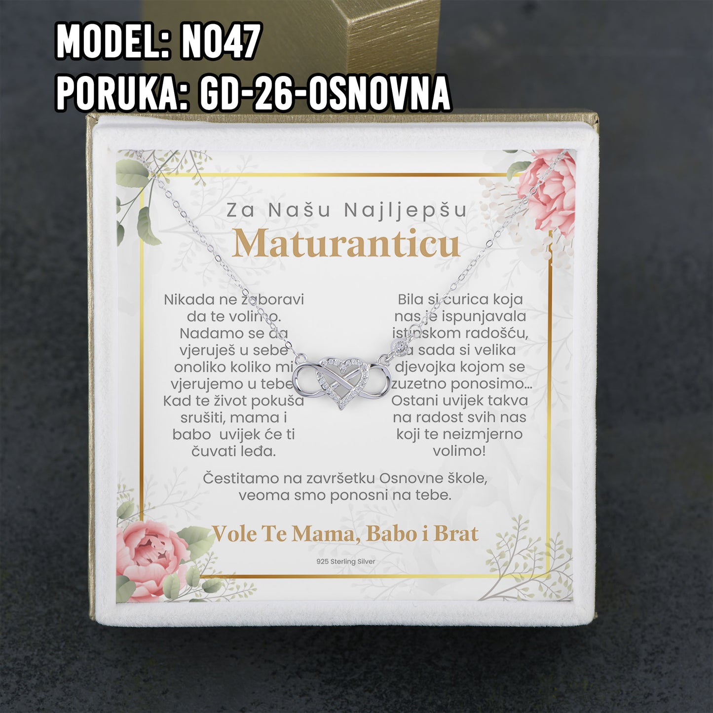 Maturski poklon za kćerku – infinity srce ogrlica od 925 srebra sa posvetom