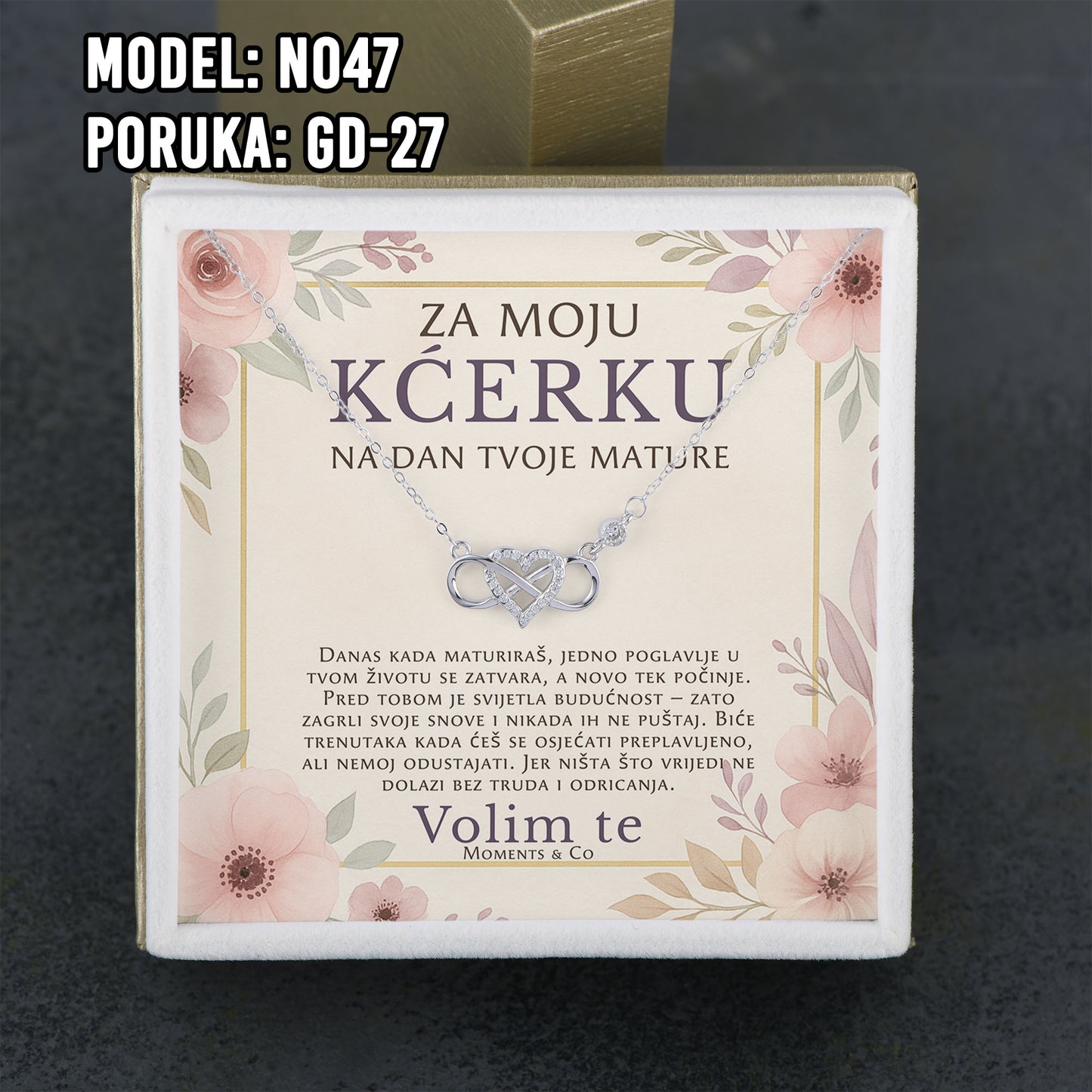 Maturski poklon za kćerku – infinity srce ogrlica od 925 srebra sa posvetom