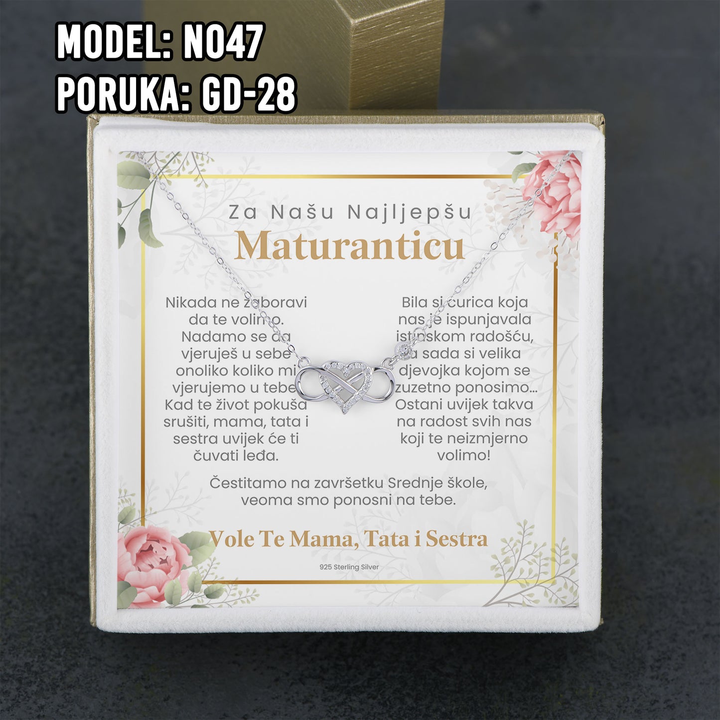 Maturski poklon za kćerku – infinity srce ogrlica od 925 srebra sa posvetom
