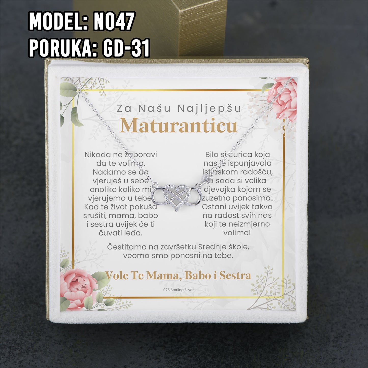 Maturski poklon za kćerku – infinity srce ogrlica od 925 srebra sa posvetom