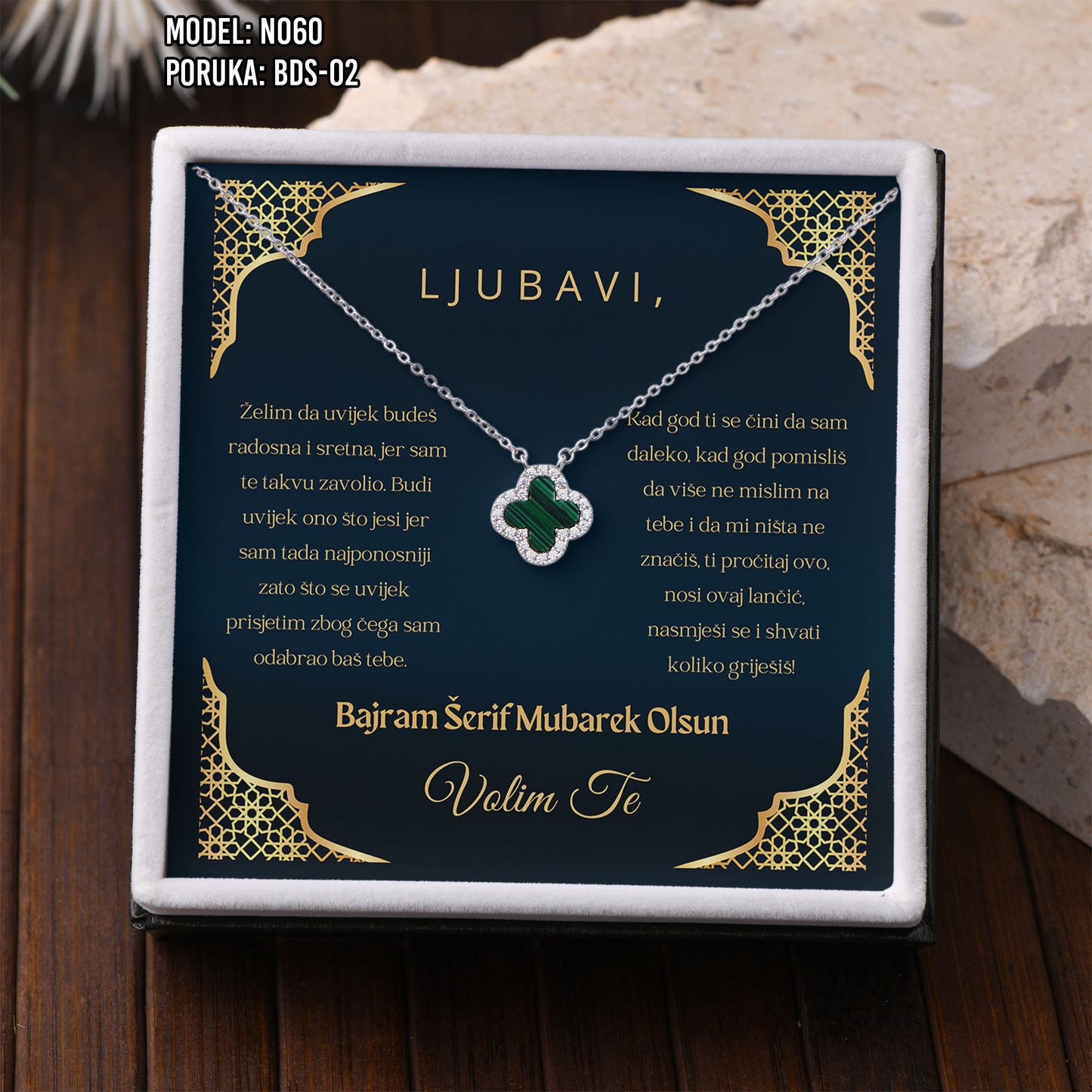 Poklon za Bajram za voljenu osobu – ogrlica sa djetelinom sa 4 lista i porukom