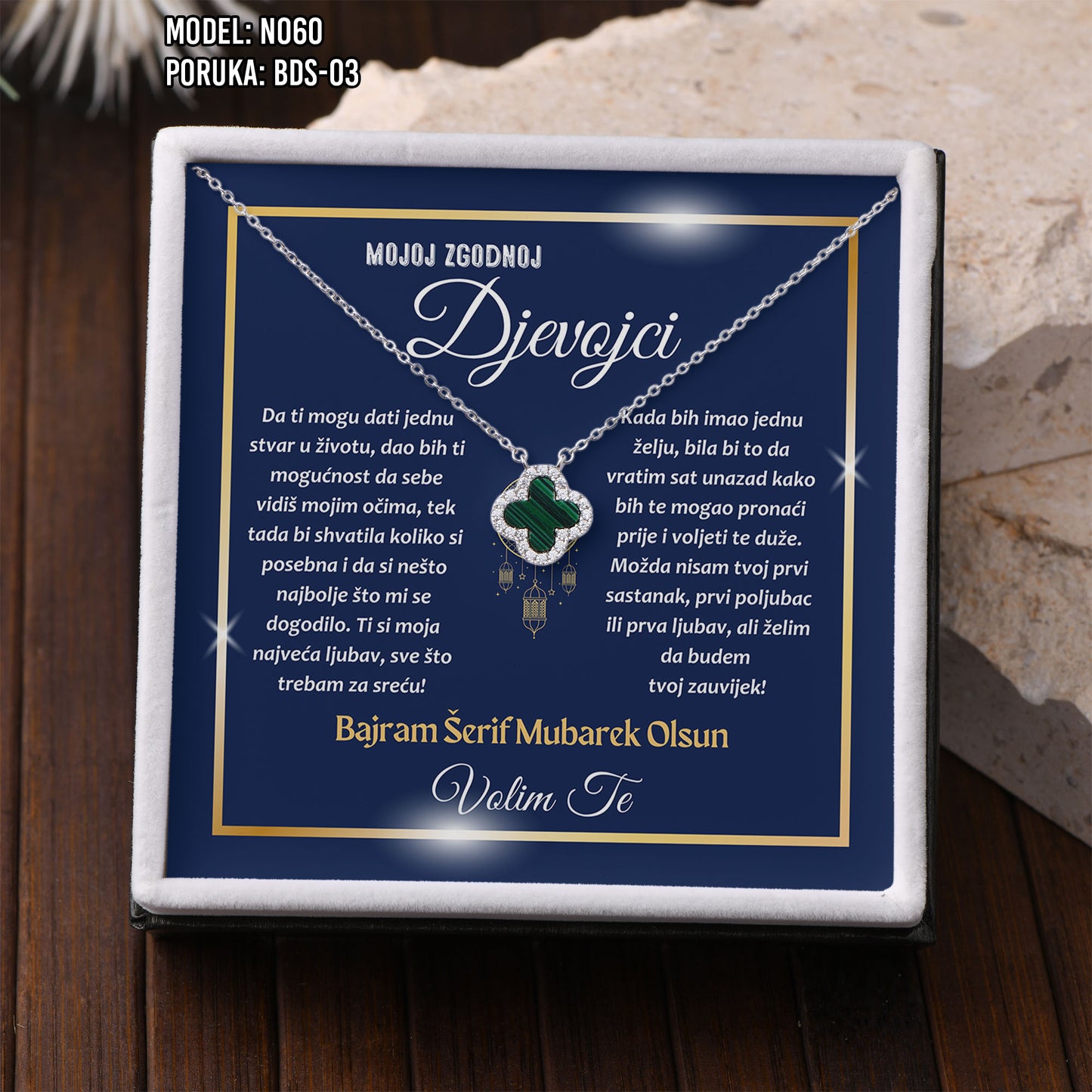 Poklon za Bajram za voljenu osobu – ogrlica sa djetelinom sa 4 lista i porukom