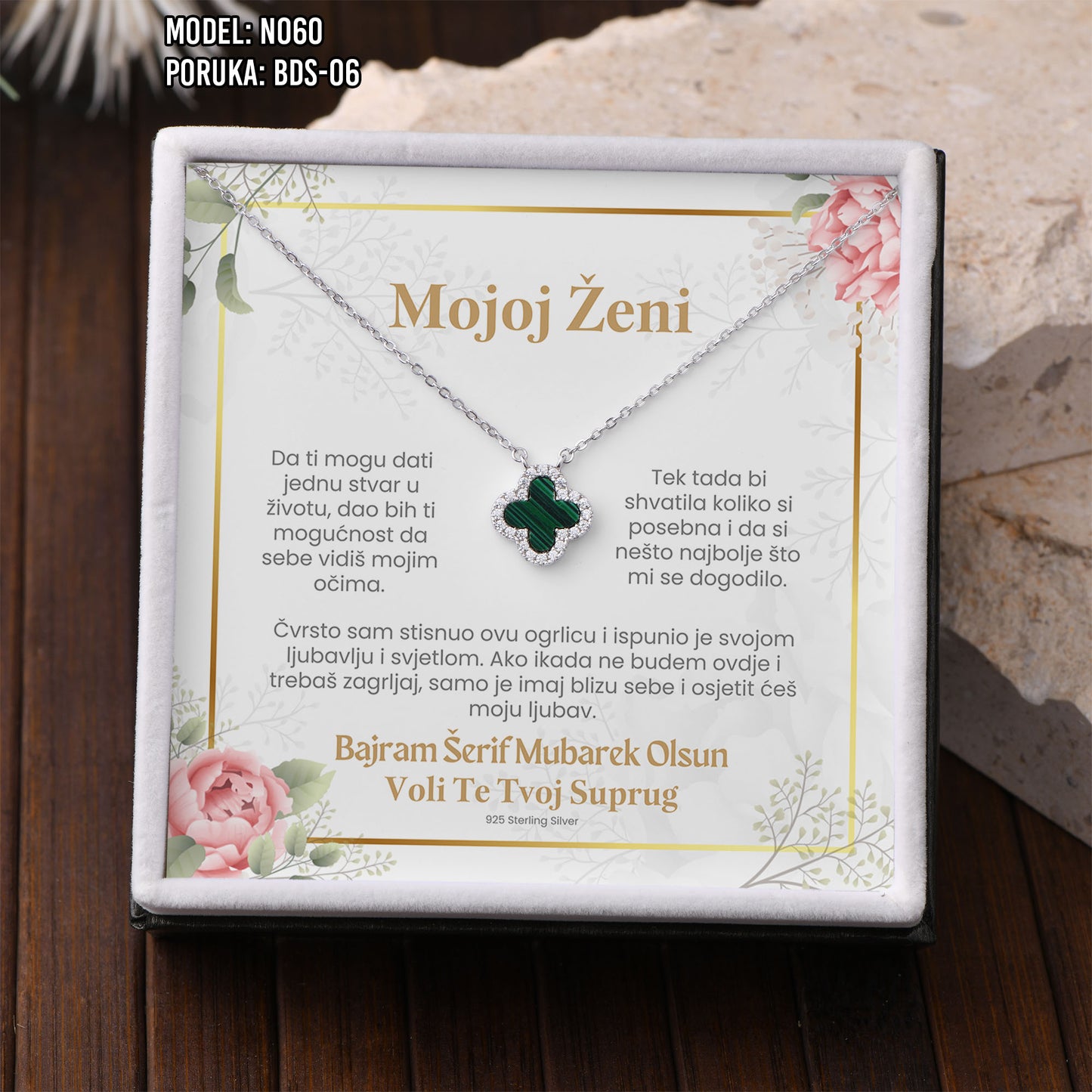 Poklon za Bajram za voljenu osobu – ogrlica sa djetelinom sa 4 lista i porukom