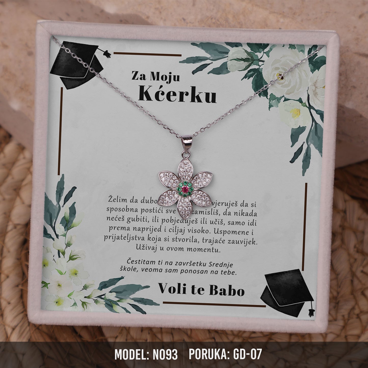 Poklon za maturu za Kćerku – cvijet ogrlica od 925 srebra sa posvetom