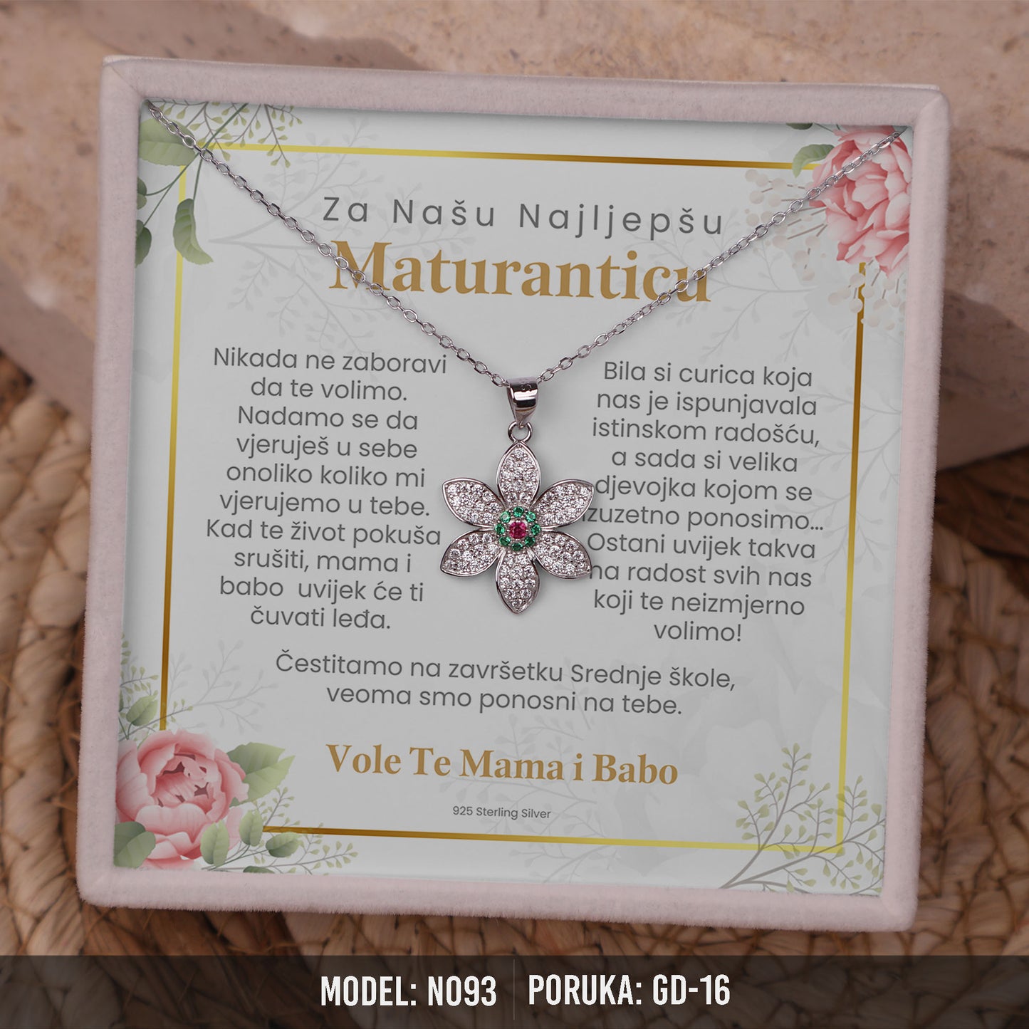 Poklon za maturu za Kćerku – cvijet ogrlica od 925 srebra sa posvetom