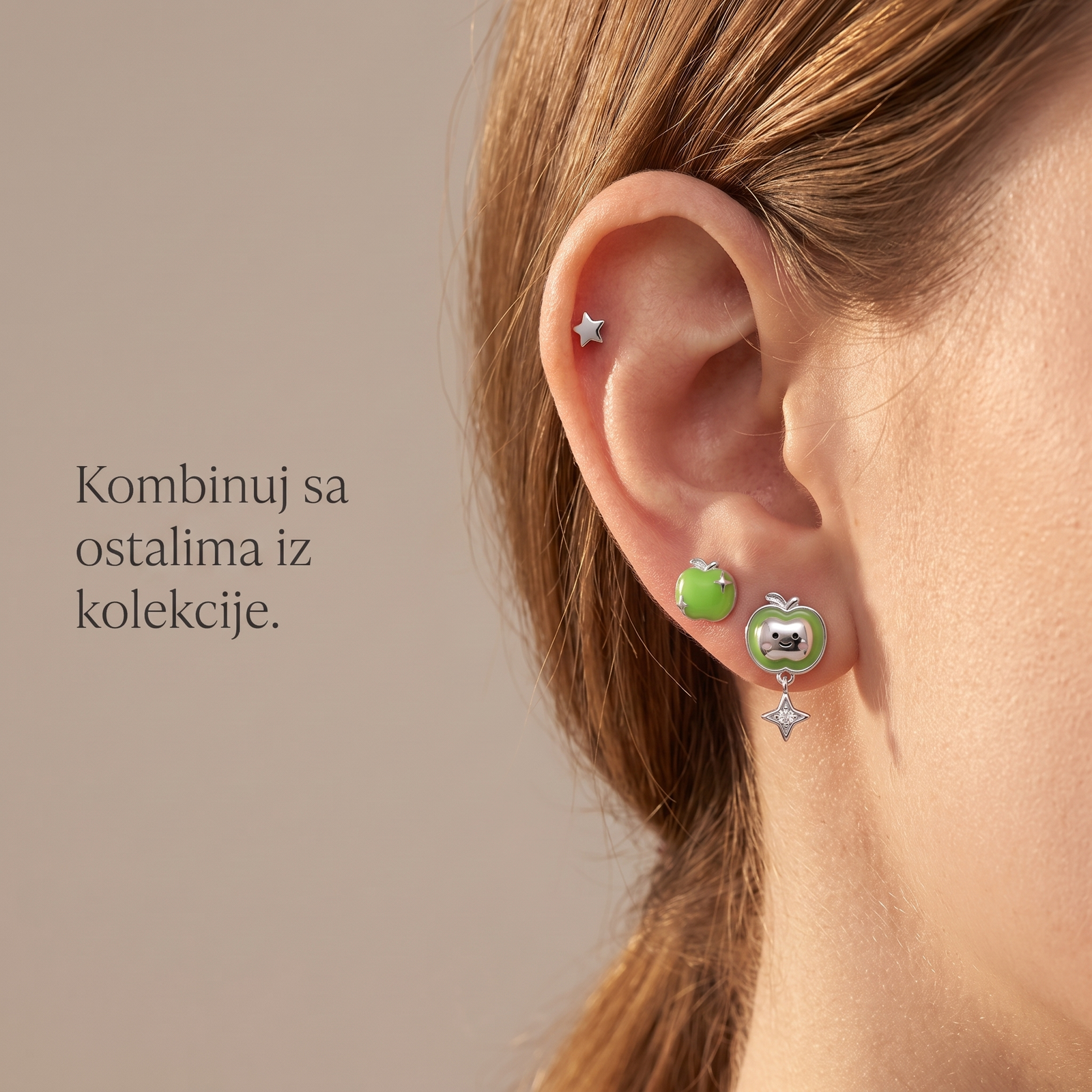 Minđuše zelena jabuka kombinovane sa ostalim komadima iz kolekcije