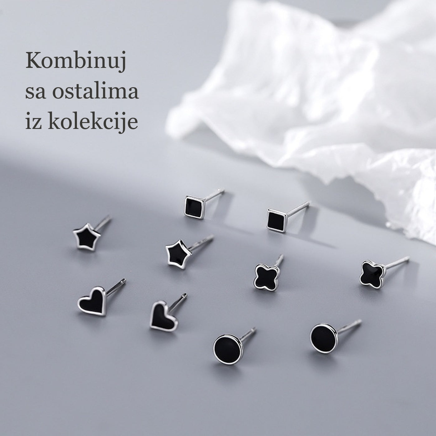 Kombinuj sa ostalima iz kolekcije — pet oblika minđuša sa crnim emajlom