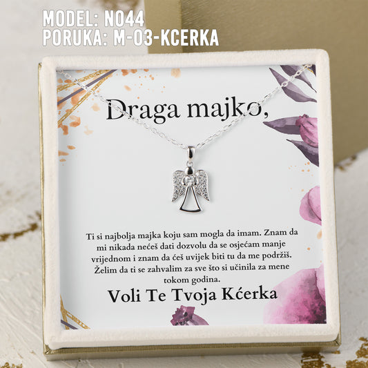 Draga Majko - 925 Srebreni Lančić Andjeo - Poklon za Majku sa Porukom od Kcerke