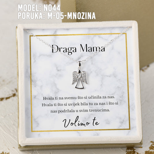 Draga Mama - 925 Srebreni Lančić Andjeo - Poklon za Majku sa Porukom Volimo Te