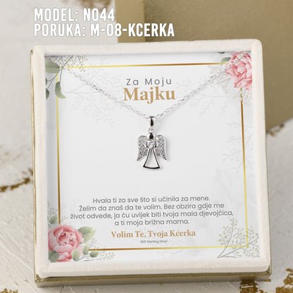Za Moju Majku - 925 Srebreni Lančić Andjeo - Poklon za Majku sa Porukom od Kcerke