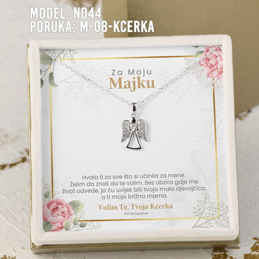 Za Moju Majku - 925 Srebreni Lančić Andjeo - Poklon za Majku sa Porukom od Kcerke