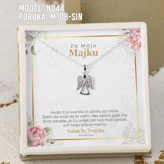 Za Moju Majku - 925 Srebreni Lančić Andjeo - Poklon za Majku sa Porukom od Sina