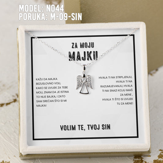 Za Moju Majku - 925 Srebreni Lančić Andjeo - Poklon za Majku sa Porukom od Sina