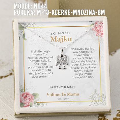 Za Našu Majku - 925 Srebreni Lančić Andjeo - Poklon za Majku za 8. Mart sa Porukom od Kcerki
