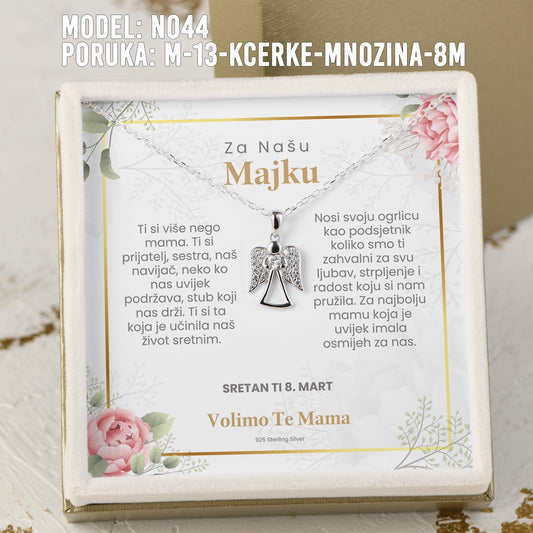 Za Našu Majku - 925 Srebreni Lančić Andjeo - Poklon za Majku za 8. Mart sa Porukom od Kcerki