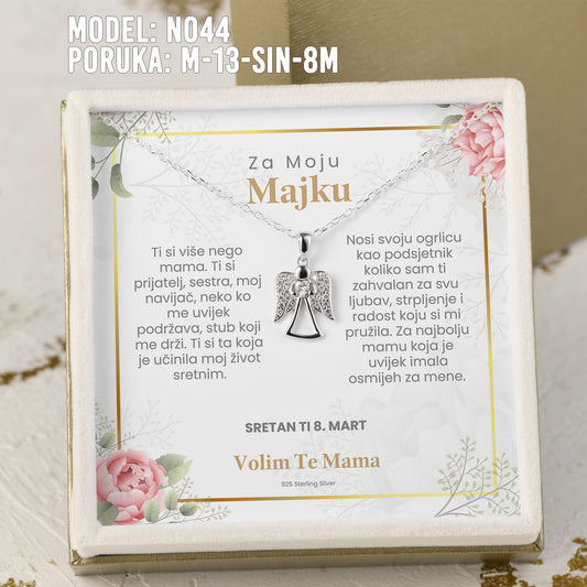 Za Moju Majku - 925 Srebreni Lančić Andjeo - Poklon za Majku za 8. Mart sa Porukom od Sina