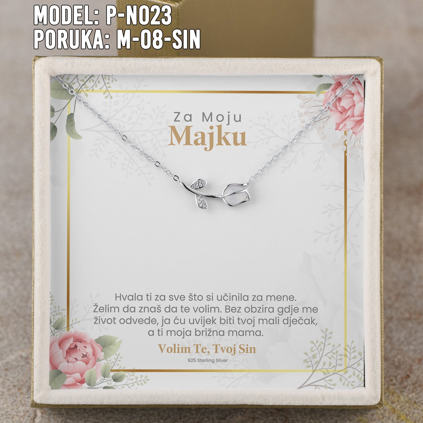 Za Moju Majku - 925 Srebreni Lančić - Poklon za Mamu sa Porukom od Sina - Voli te tvoj sin