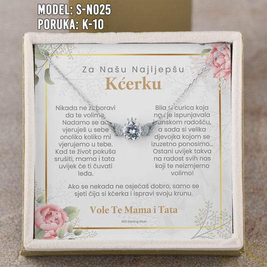Za Našu Najljepšu Kćerku - 925 Srebreni Lančić Andjeo - Poklon za Kćerku sa Porukom od Mame i Tate