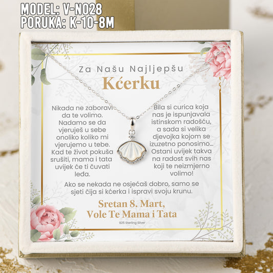 Za Našu Najljepšu Kćerku - 925 Srebreni Lančić Školjka - Poklon za Kćerku za 8. Mart sa Porukom od Mame i Tate